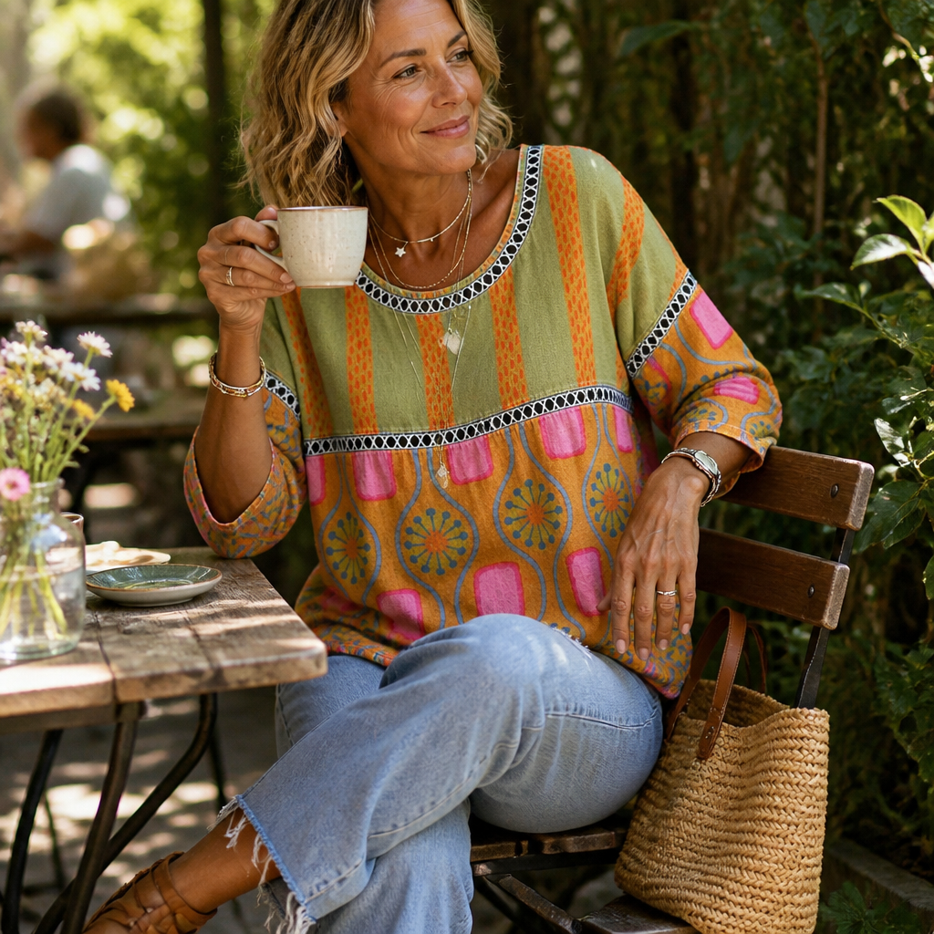 VivaLuxe™ – Boho-Inspired Mixed-Print Relaxed Fit Top with 3/4 Sleeves