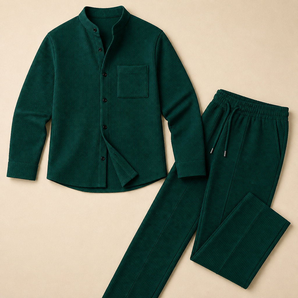 RavenaLux™ – Custom Waffle Knit Mandarin Collar Shirt and Pants Ensemble