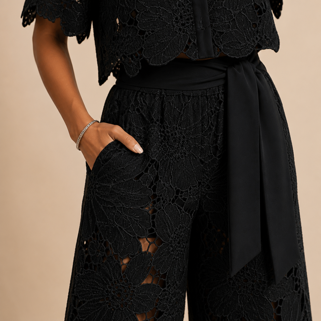 ArlenaBreeze™ – Elegant Floral Crochet Lace Set with Tie-Waist Wide-Leg Pants