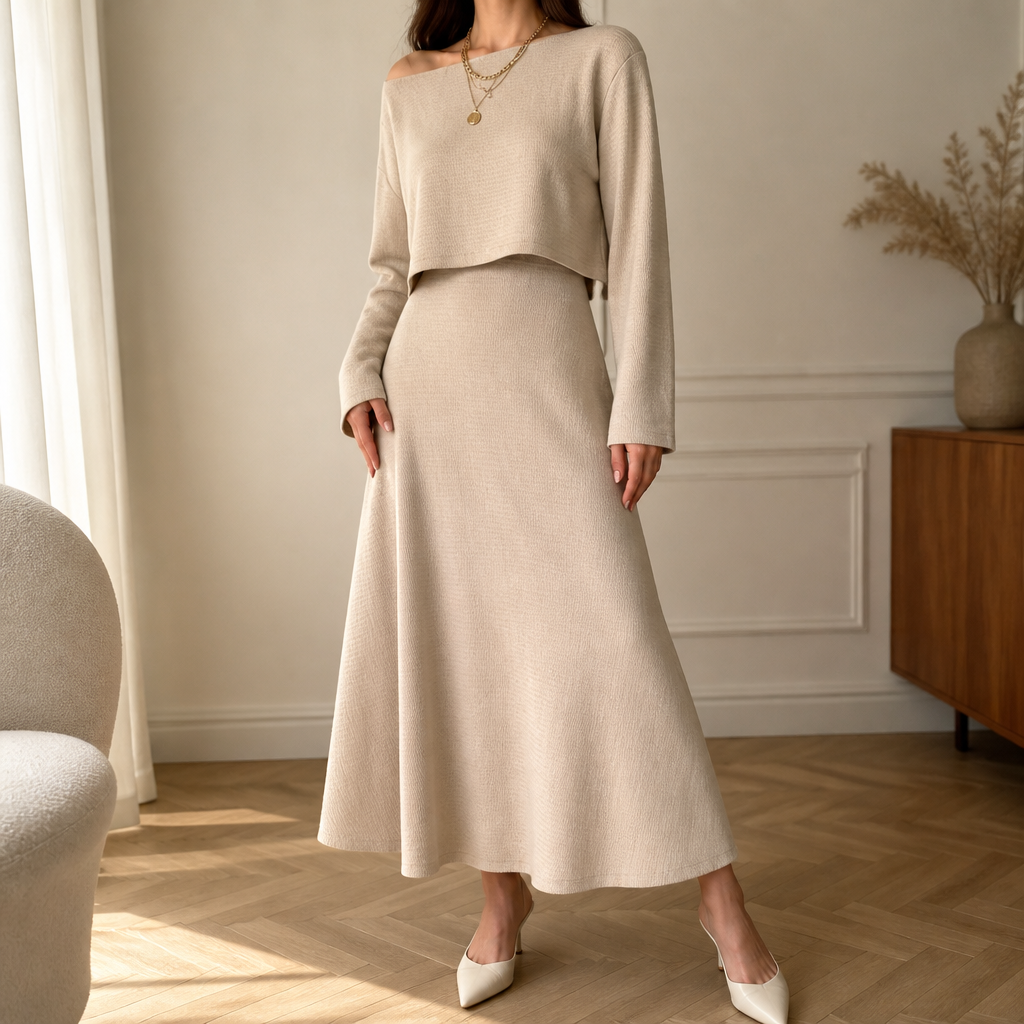 VivaBella™ – Sleek Two-Piece Knit Set with Asymmetrical One-Shoulder Top