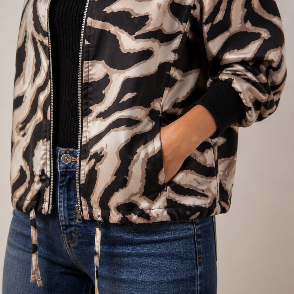 SavaraStrike™ – Bold Zebra Print Bomber Jacket with Full-Length Zip