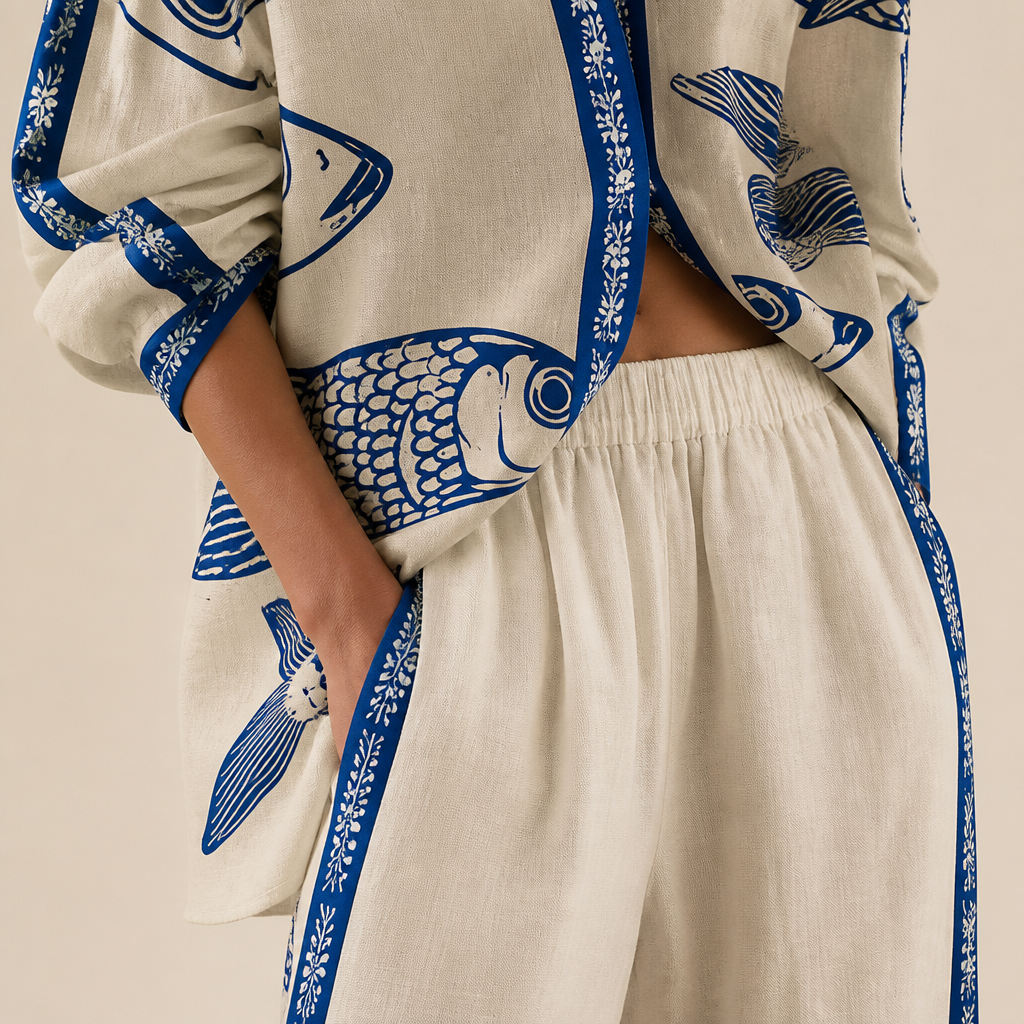 Miralina™ – Relaxed Linen Fish-Print Set with Wide-Leg Pants
