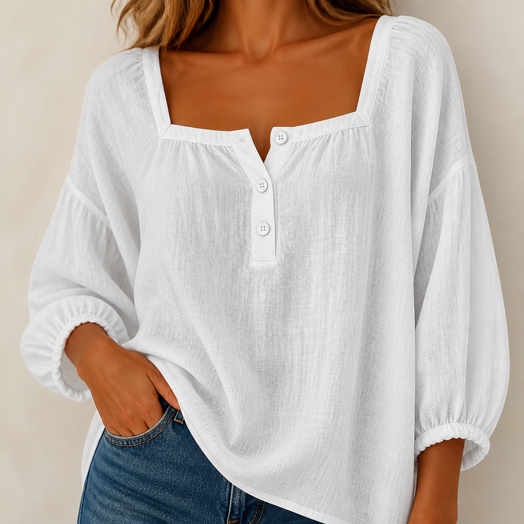 LumaFemme™ – Breezy Square-Neck Puff Sleeve Cotton-Linen Blouse