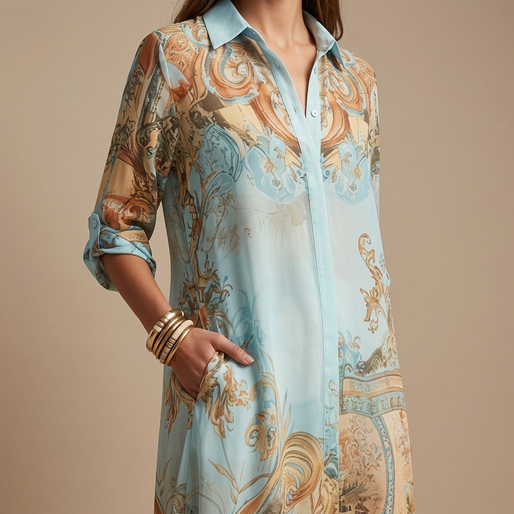 MarabellaMist™ – Flowy Mediterranean-Print Maxi Shirt Dress