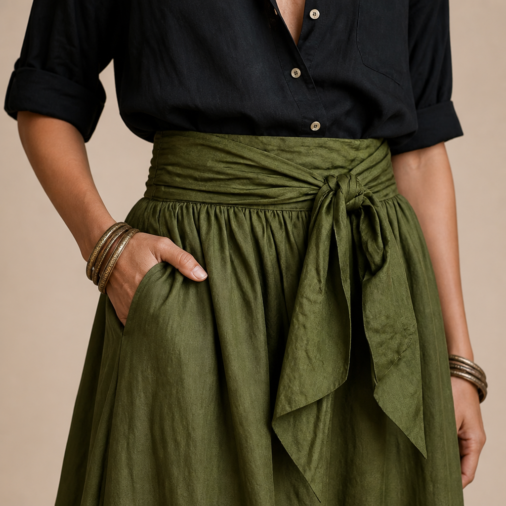 Veloura™ – Relaxed Linen Shirt & Tie-Waist Olive Midi Skirt Set