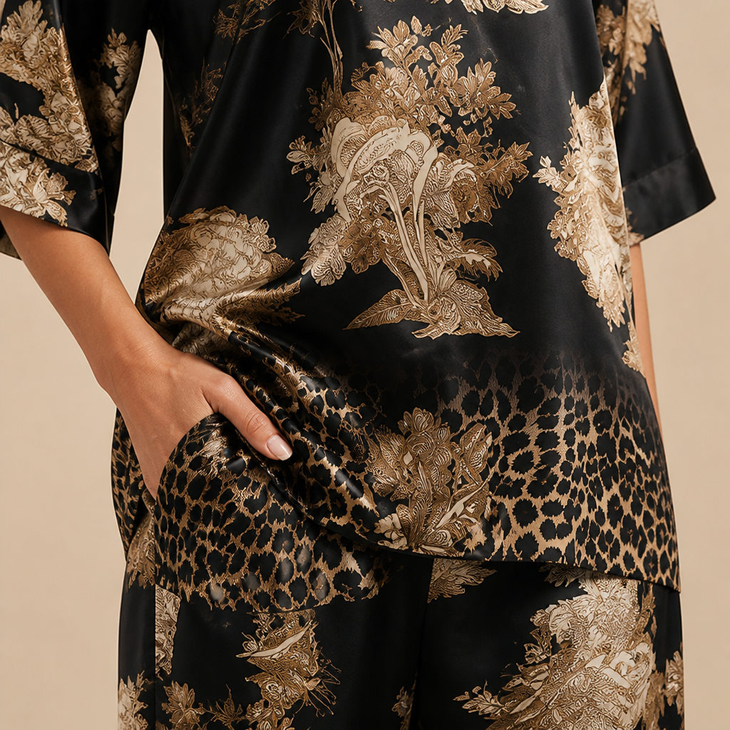 SereniSilk™ – Flowy Satin Floral V-Neck Top & Wide-Leg Pant Set