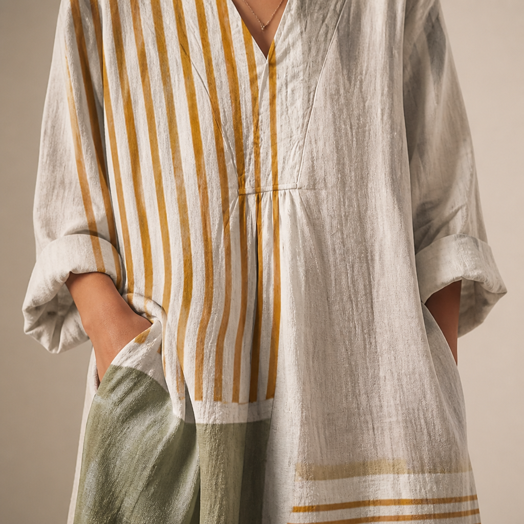 ZephyraFlow™ – Relaxed Striped Patchwork Linen Maxi Dress