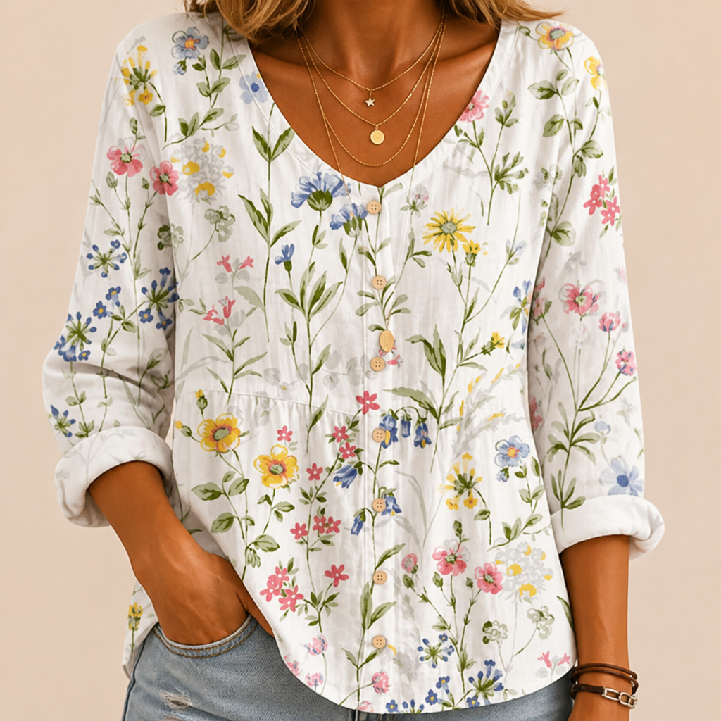SerenLuxe™ – Breezy Cotton-Linen Floral Shirt with V-Neck
