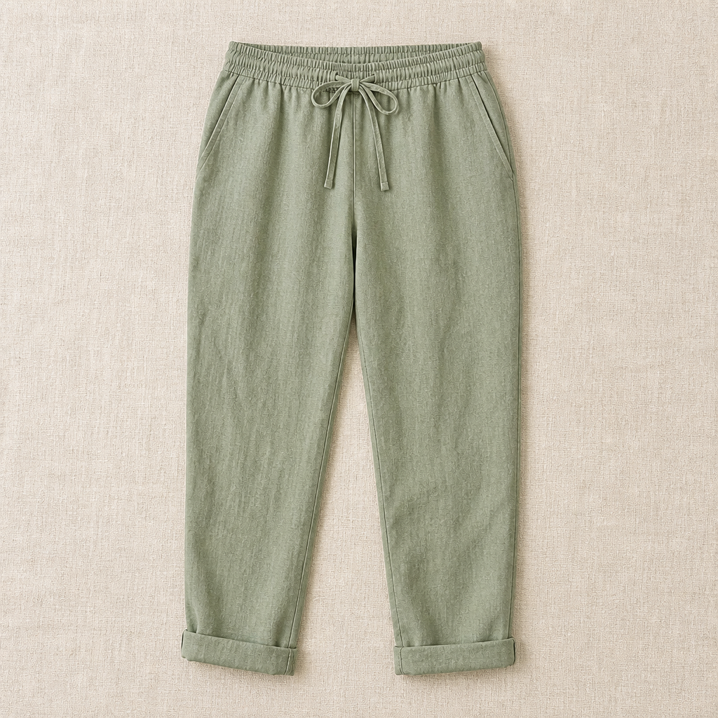 VelouraFlex™ – Airy Cotton-Linen Drawstring Pants with Tapered Cuffed Hem