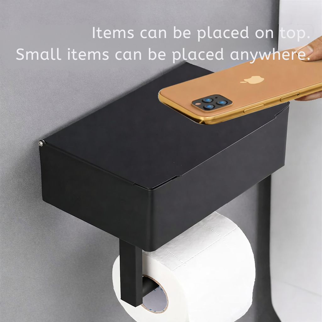 Toilet Roll Holder | Wall-Attached with Shelf | No-Drill Setup with Box | Rolluxe