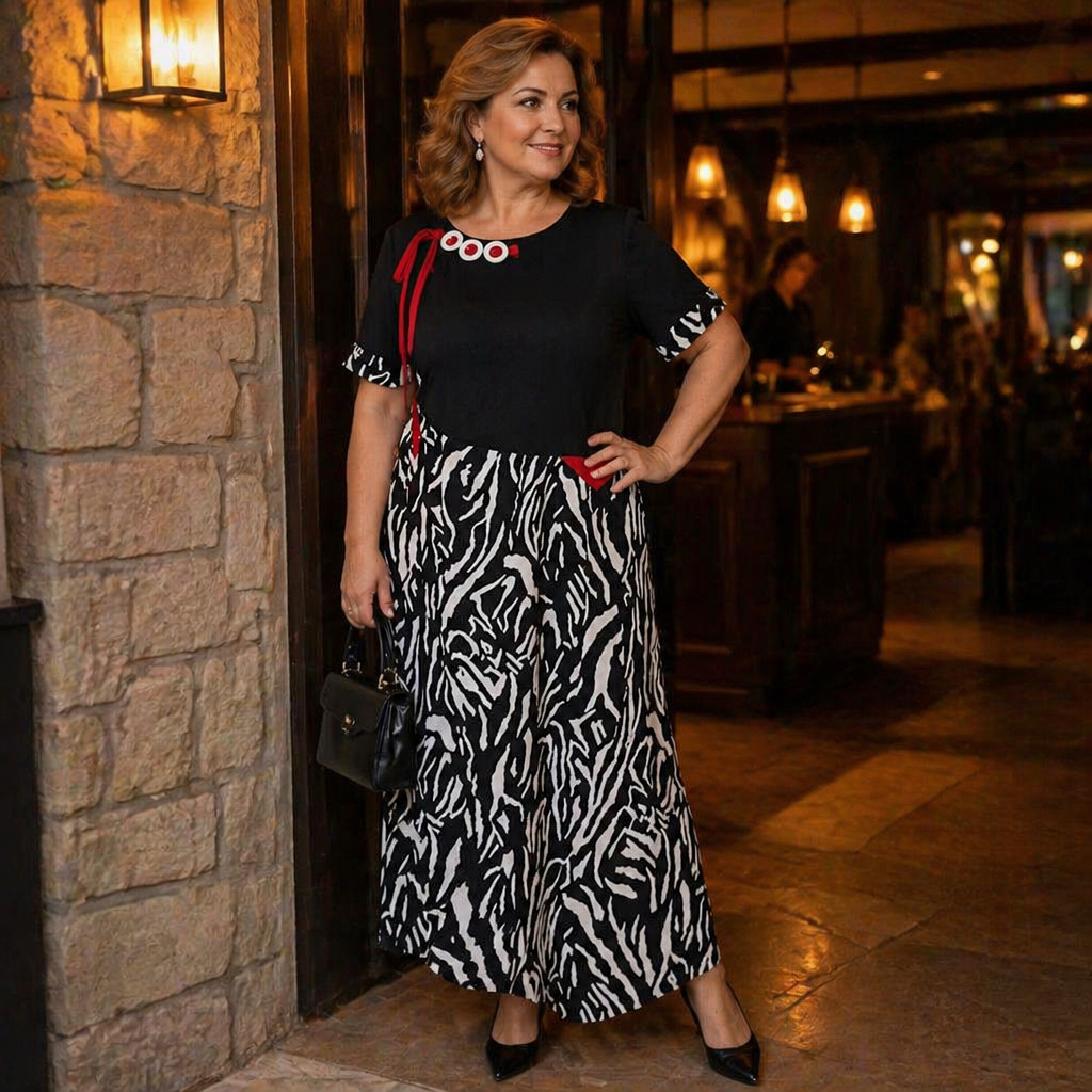VeraNite™ – Striking Zebra Patchwork Maxi Dress Featuring Red Accent Detail
