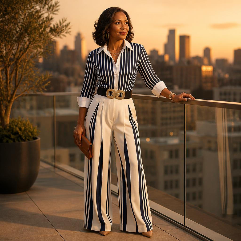 FlexiSilk™ – Stylish Striped Shirt with Wide-Leg Pants Set