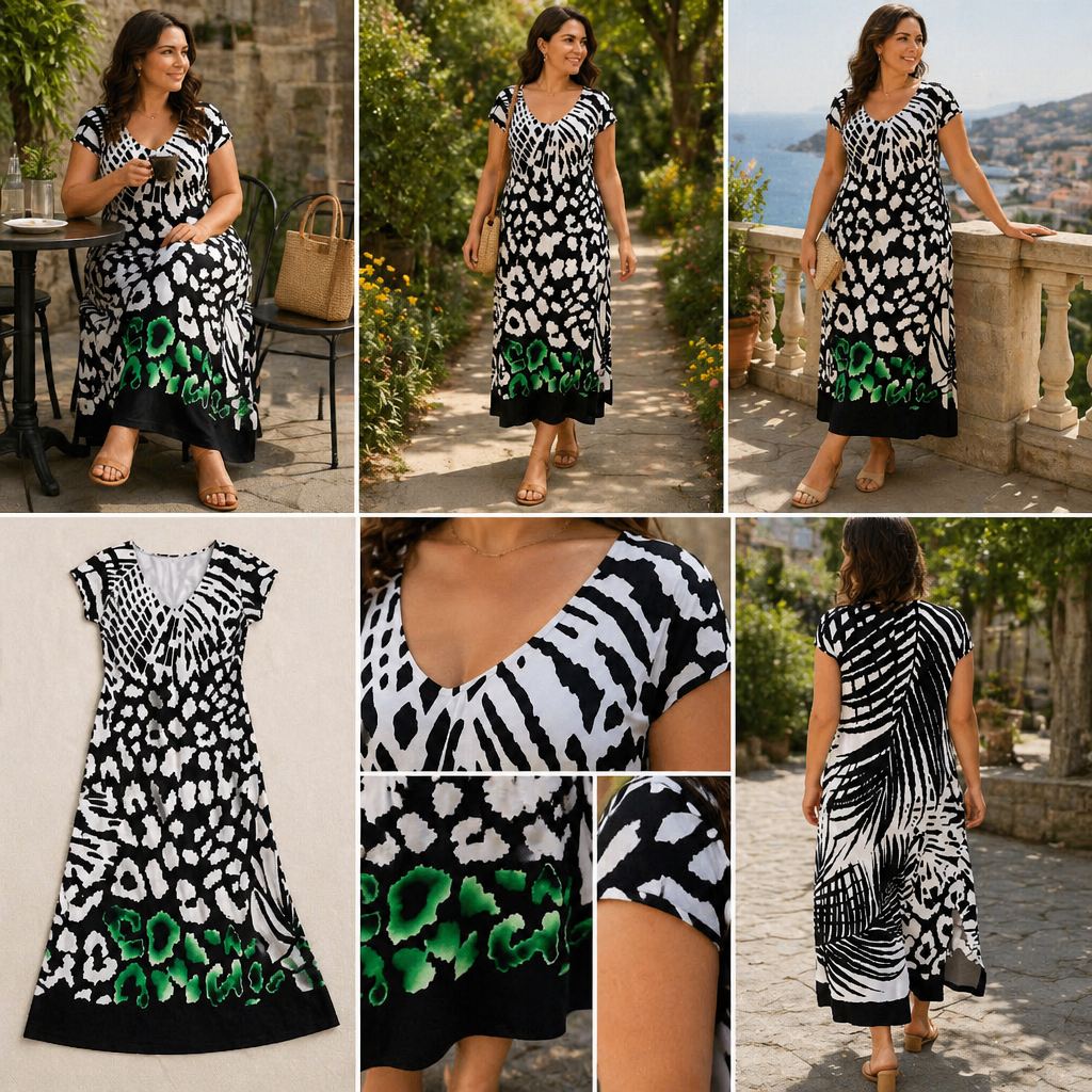LuminaFlow™ – Breezy V-Neck Midi Dress Featuring Mixed Animal Prints