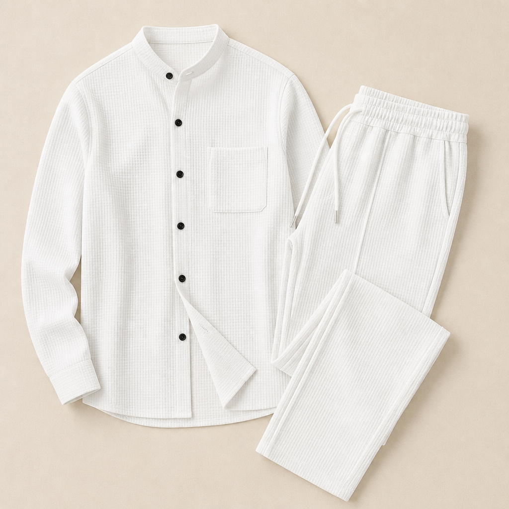 RavenaLux™ – Custom Waffle Knit Mandarin Collar Shirt and Pants Ensemble