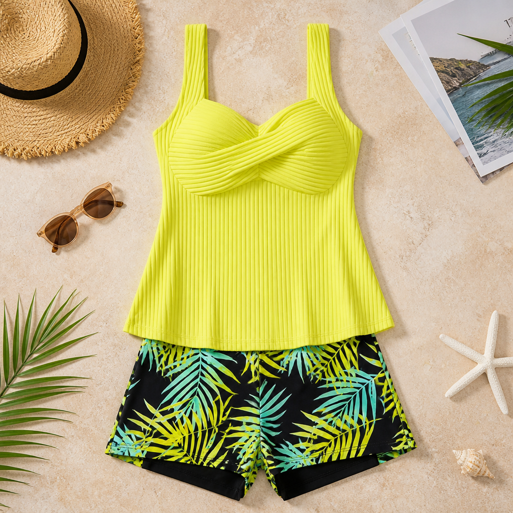 CurvaLuxe™ – Ribbed Twist-Front Tankini Set with Boxer Shorts