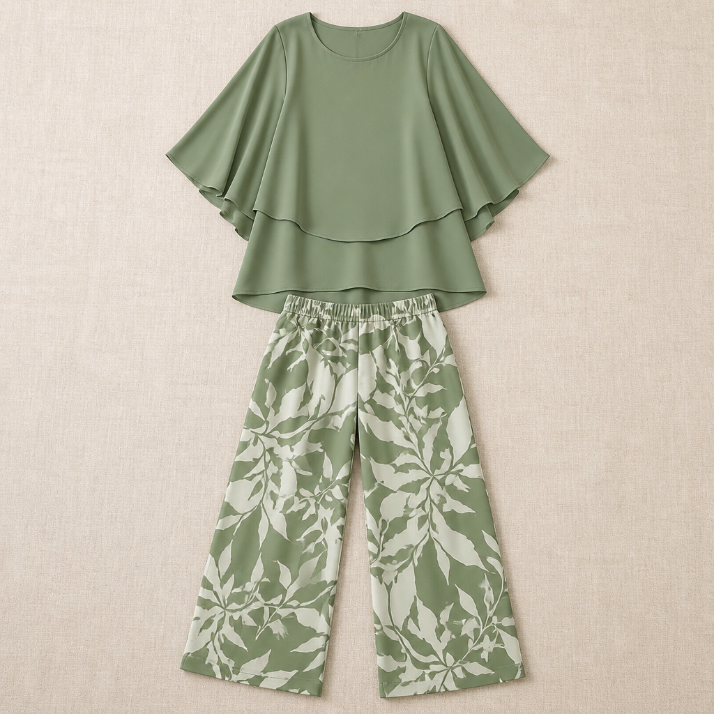 Flexara™ – Stylish Layered Chiffon Blouse with Wide-Leg Printed Pants Set