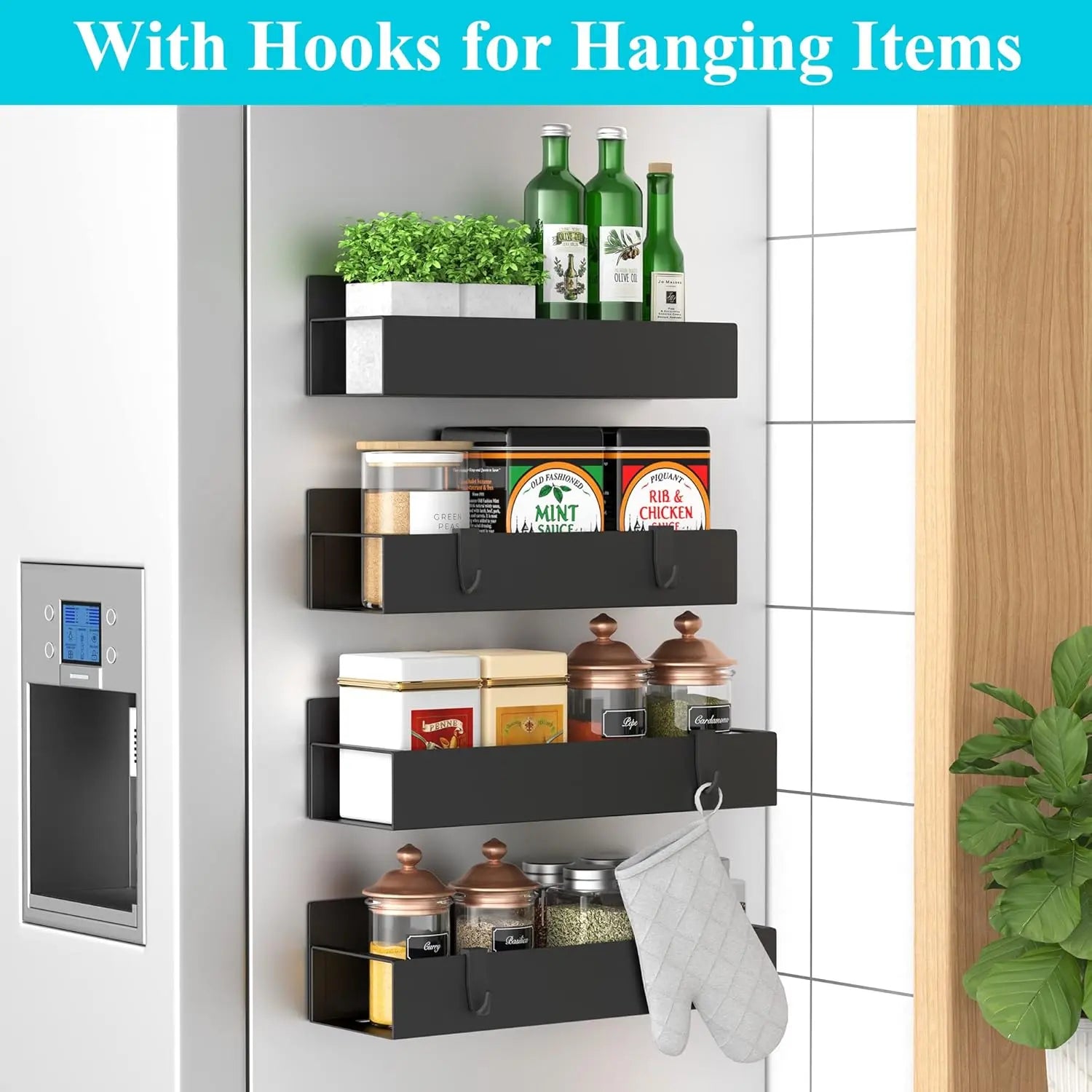 Spice Organizer | 4-Piece, Magnetic – Powder-Coated | Drill-Free Installation | KitchenDock