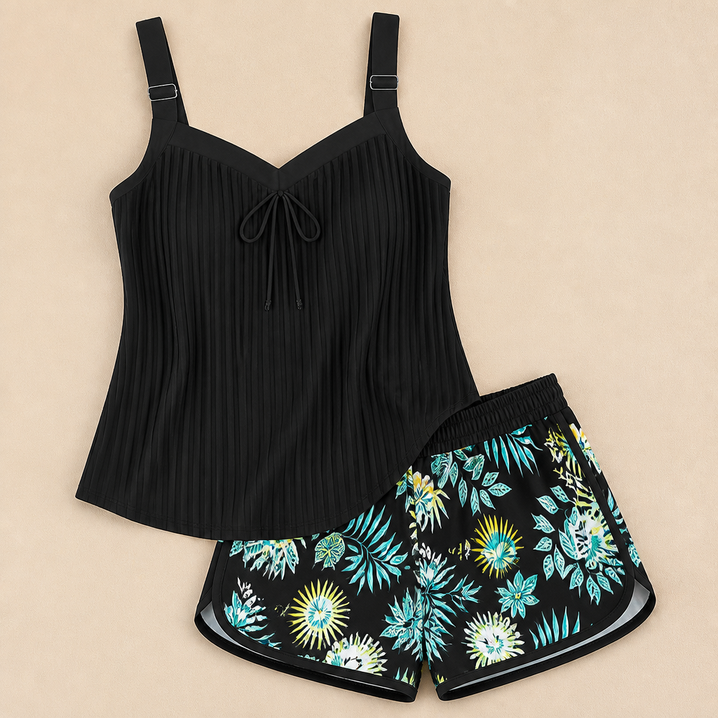 SoloraSway™ – Flowing Pleated Tankini Set with Coverage Shorts