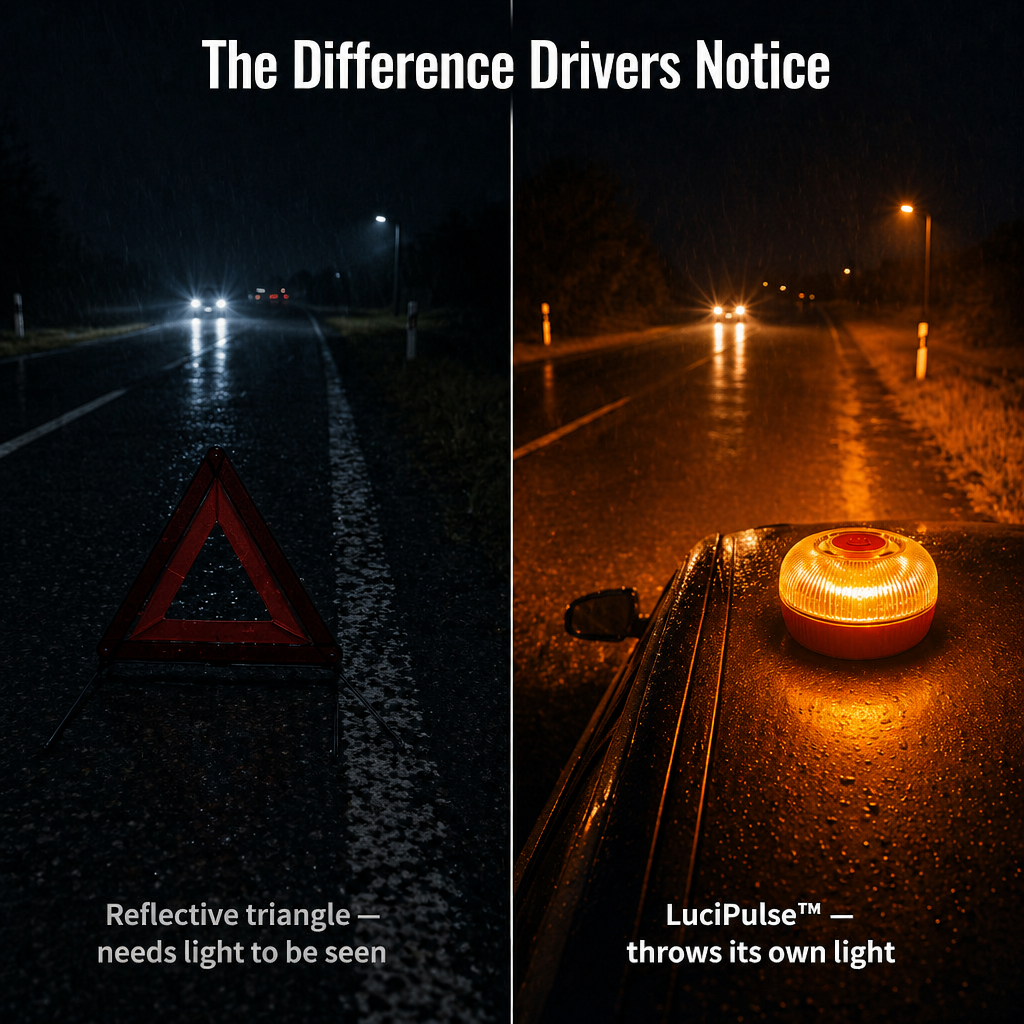 LuciPulse™ — Mount on Your Roof & Illuminate the Roadside Instantly