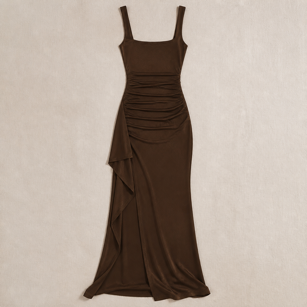 LuminaLuxe™ – Elegant Square-Neck Ruched Maxi Dress with High Thigh Slit