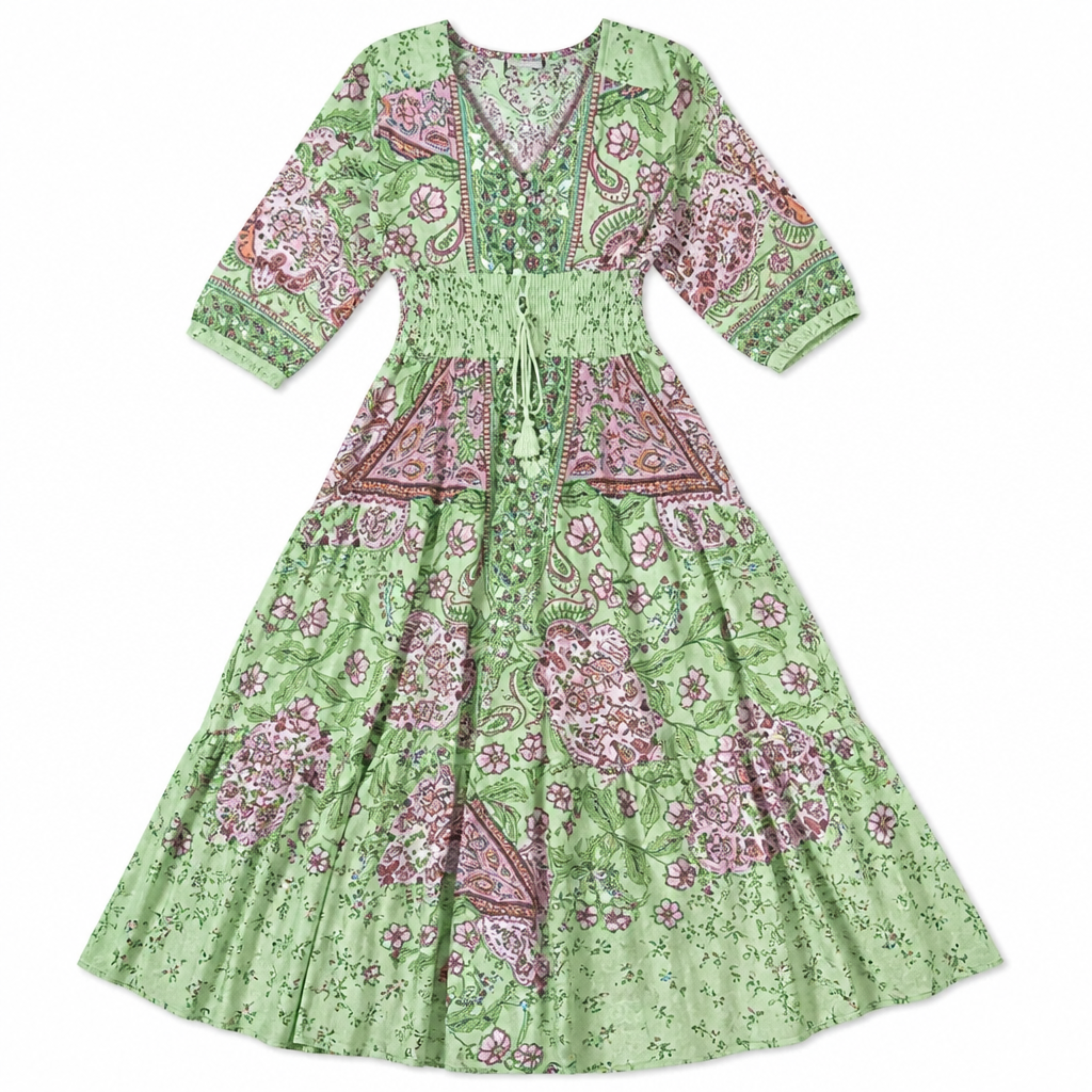 LumeraBelle™ – Breezy Boho Paisley Maxi Dress with Smocked Waist