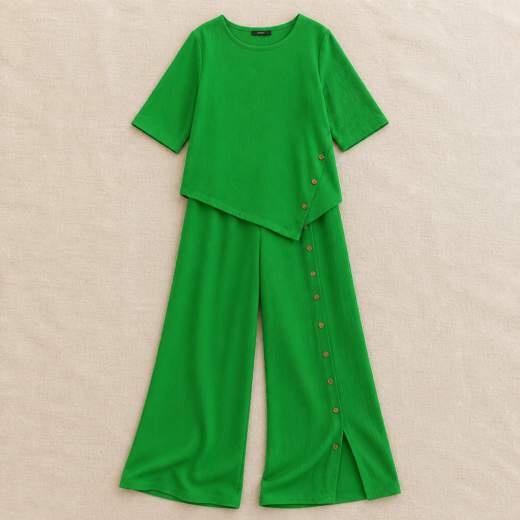 SilkaLuxe™ – Relaxed Linen-Feel Two-Piece Set with Asymmetric Button Hem