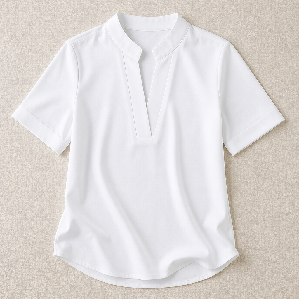 LioraSilk™ – Elegant V-Neck Top with Notched Stand Collar