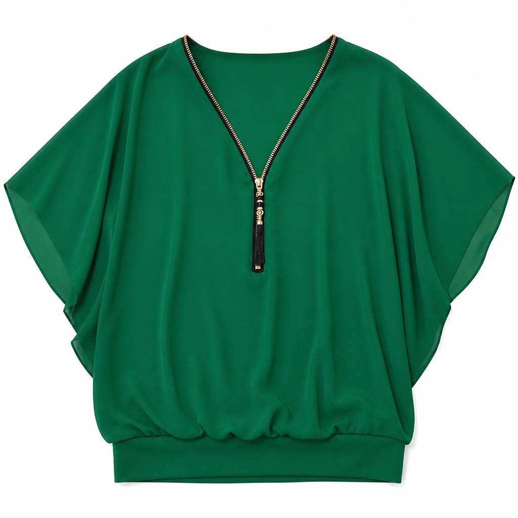 LuminaFlex™ – Airy Chiffon V-Neck Top with Zip Accent