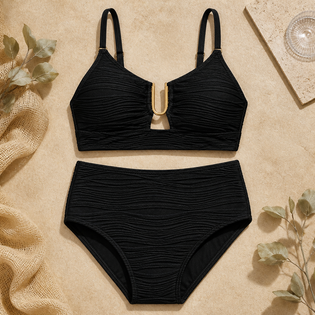 VeloraCurve™ – High-Waist Tummy-Control Bikini Set with Gold U-Wire