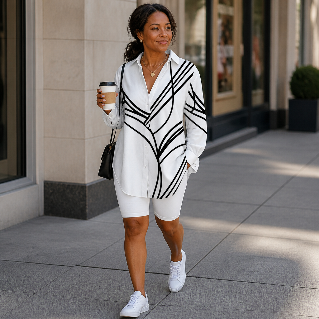 LumaLuxe™ – Casual Linework Patterned Button-Down Shirt with Pockets