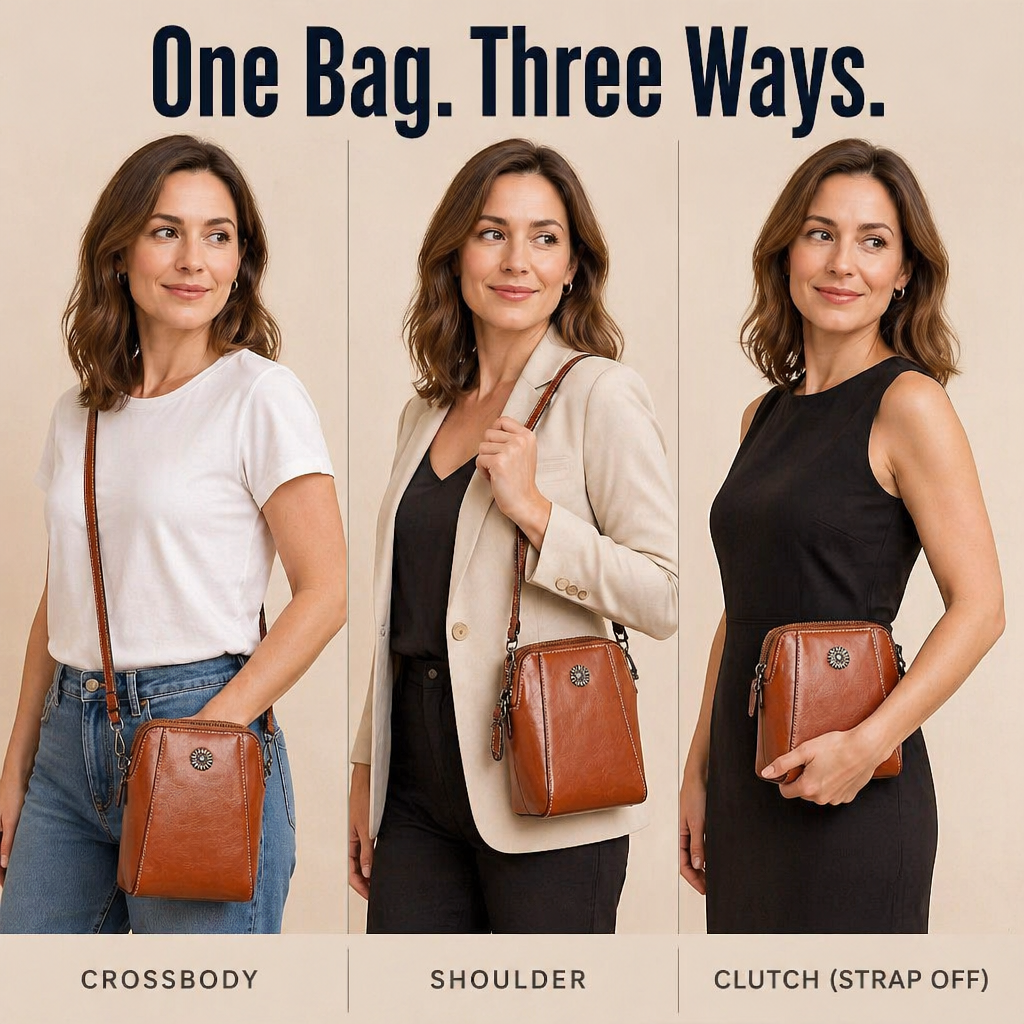 VividAura™ — Soft-Leather Crossbody to Hold Phone, Cards & Lipstick All-in-One