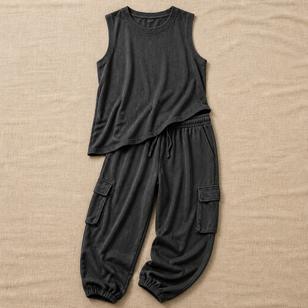 LuxeStride™ – Washed Cotton Tank and Cargo Jogger Set