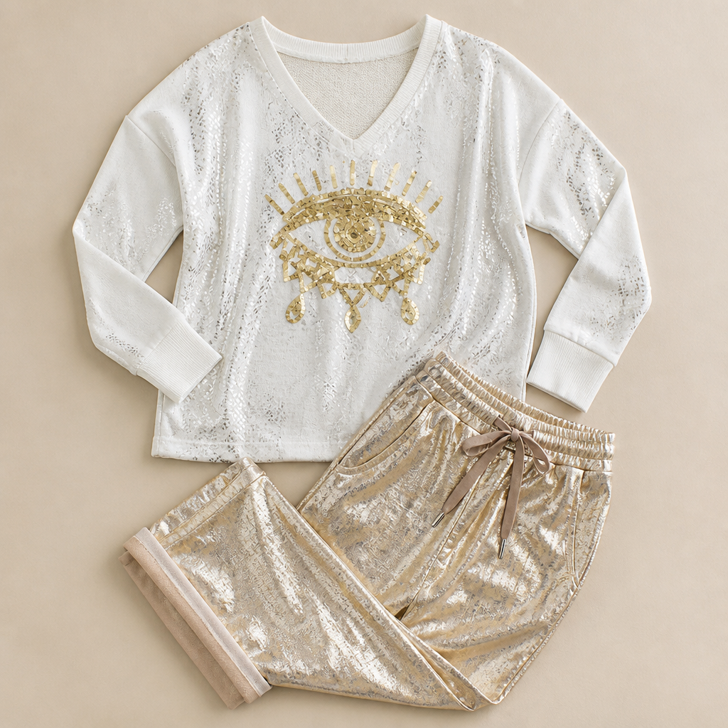 LumaDaze™ – Sequin Evil Eye Top with Metallic Shine Pants Set