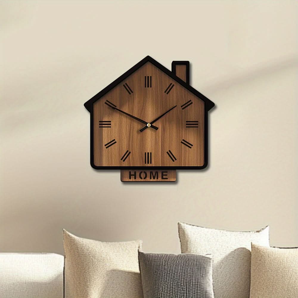 Rustic Wooden Wall Clock in House Shape