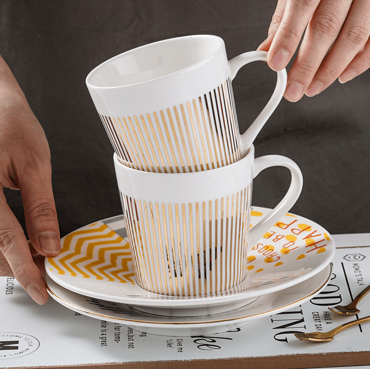 Coffee Cup Mirror | Porcelain Saucer | Gold Stripe Decoration