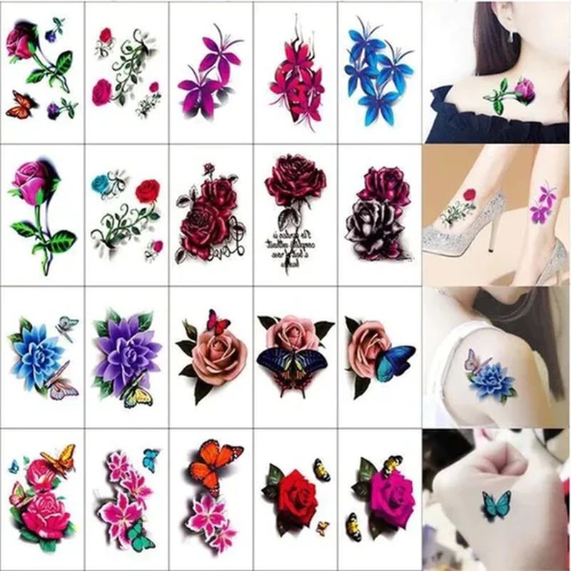 Flower and Butterfly Design 3D Temporary Tattoo Stickers