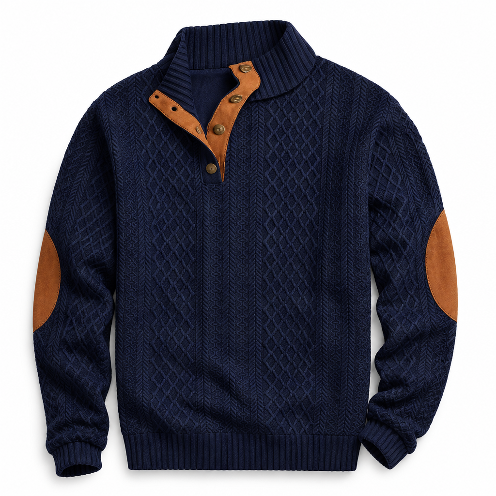AtlasForge™ – Jacquard Textured Stand-Collar Sweater with Elbow Patches