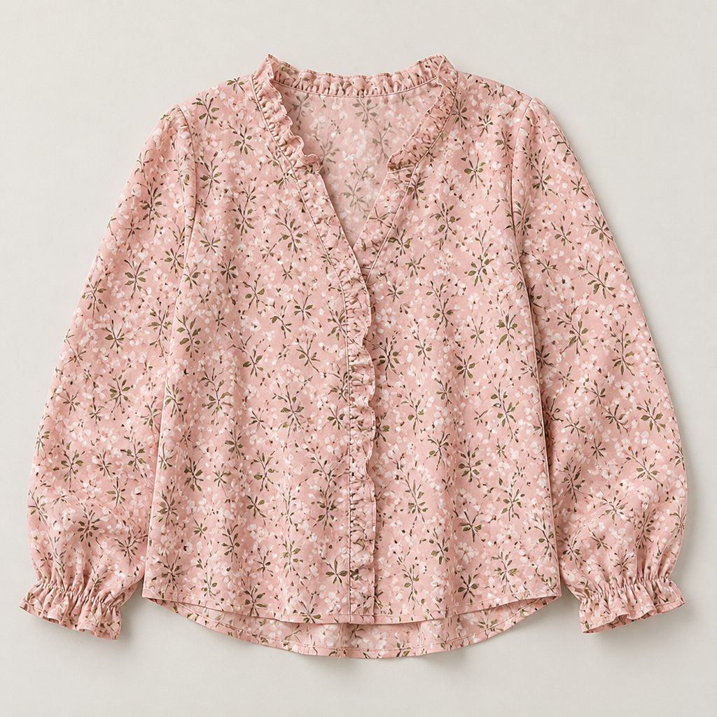 FlairMist™ – Romantic Ruffled V-Neck Top with Lantern Sleeves