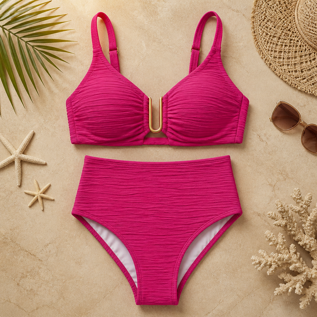 VeloraCurve™ – High-Waist Tummy-Control Bikini Set with Gold U-Wire