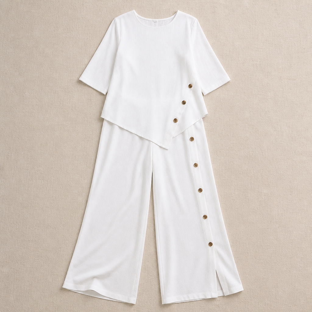 SilkaLuxe™ – Relaxed Linen-Feel Two-Piece Set with Asymmetric Button Hem