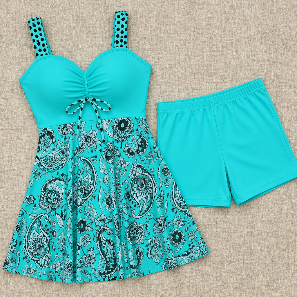 OceaniAura™ – Breezy Paisley Tankini Swim Dress with Boxer Shorts