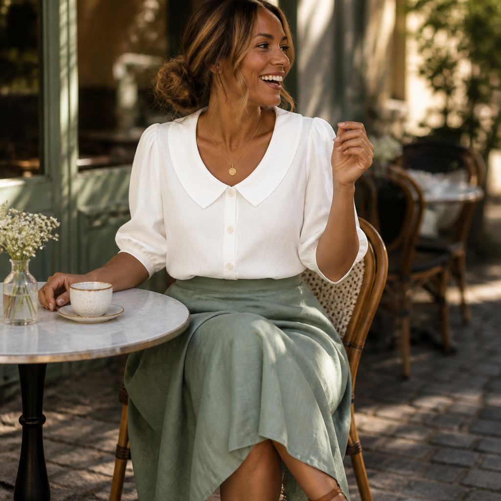 LuminaLuxe™ – Gentle Peter Pan Collar Short-Sleeve Blouse