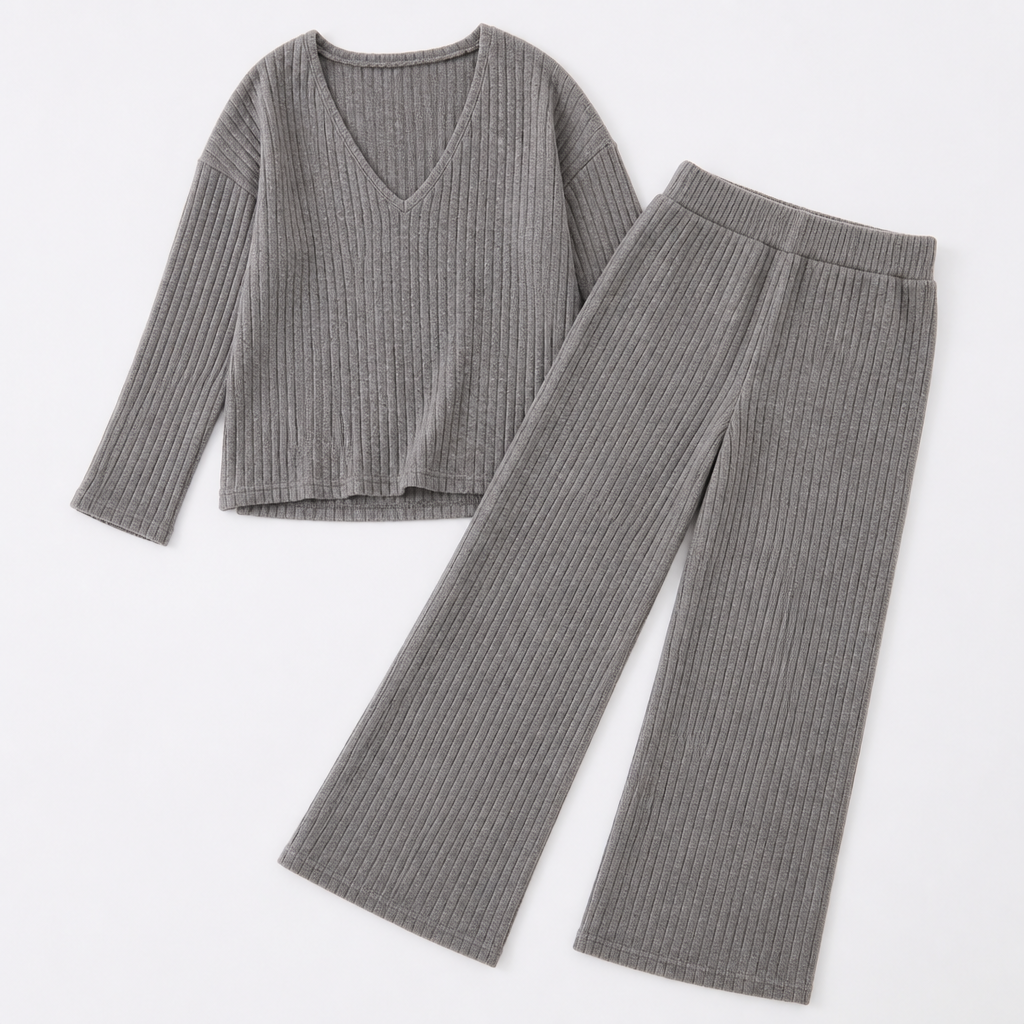 Serelis™ – Soft Ribbed V-Neck Lounge Set Featuring Wide-Leg Pants