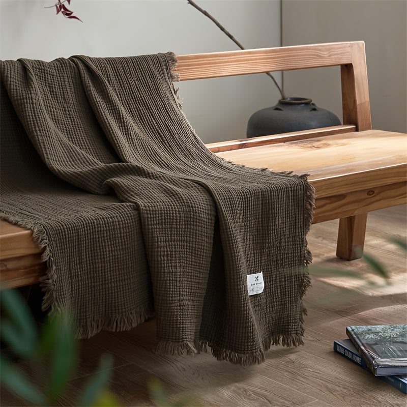 BreezyCotton – Luxurious 4-Layer Cotton Gauze Throw with Chic Fringe