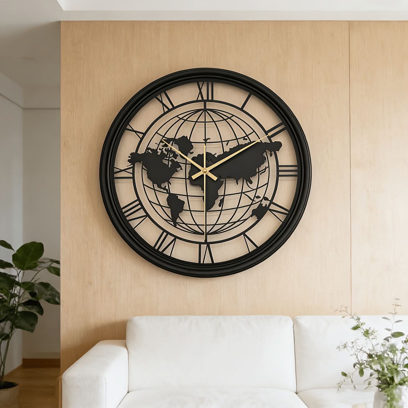 Silent Metal Wall Clock Featuring a Roman World Map Design