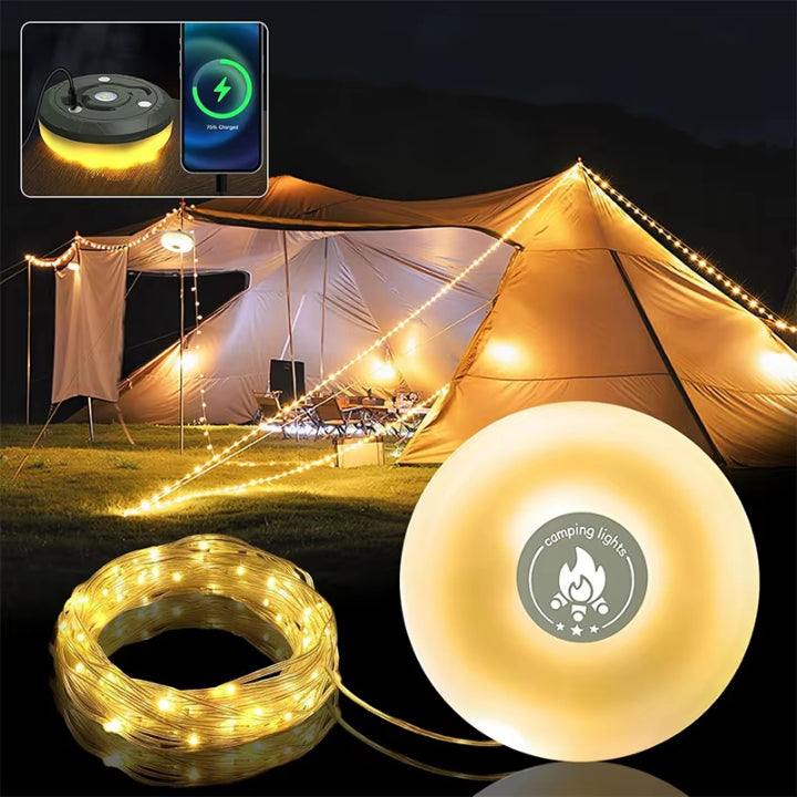 Camping lantern with 10m RGB string lights – mood & security for every trip