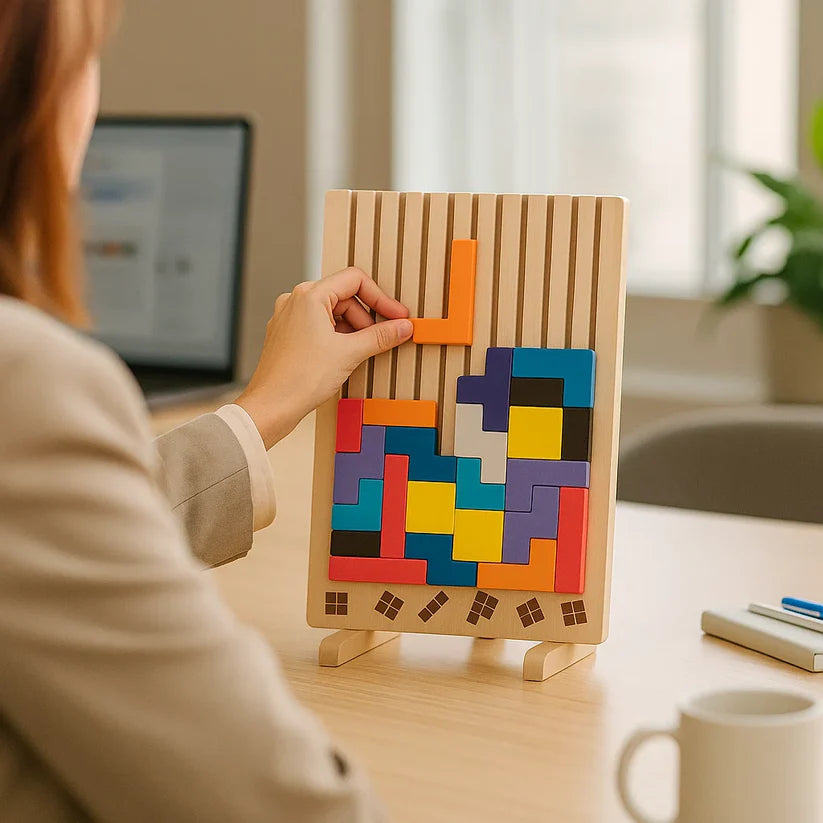 Wooden Tetris Puzzle Tray – The Perfect Mental Reset for Your Workspace