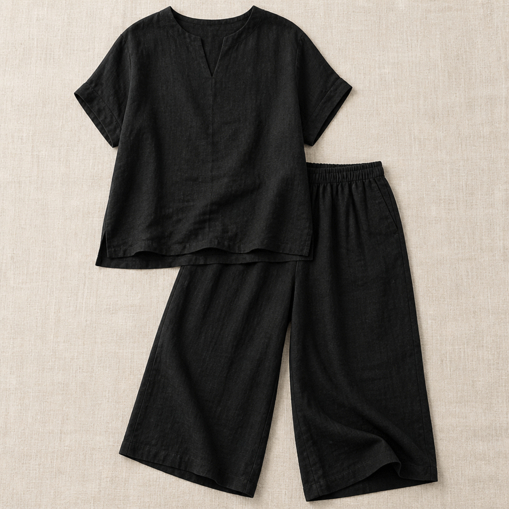LumoraEase™ – Comfy Cotton-Linen V-Neck Two-Piece Ensemble