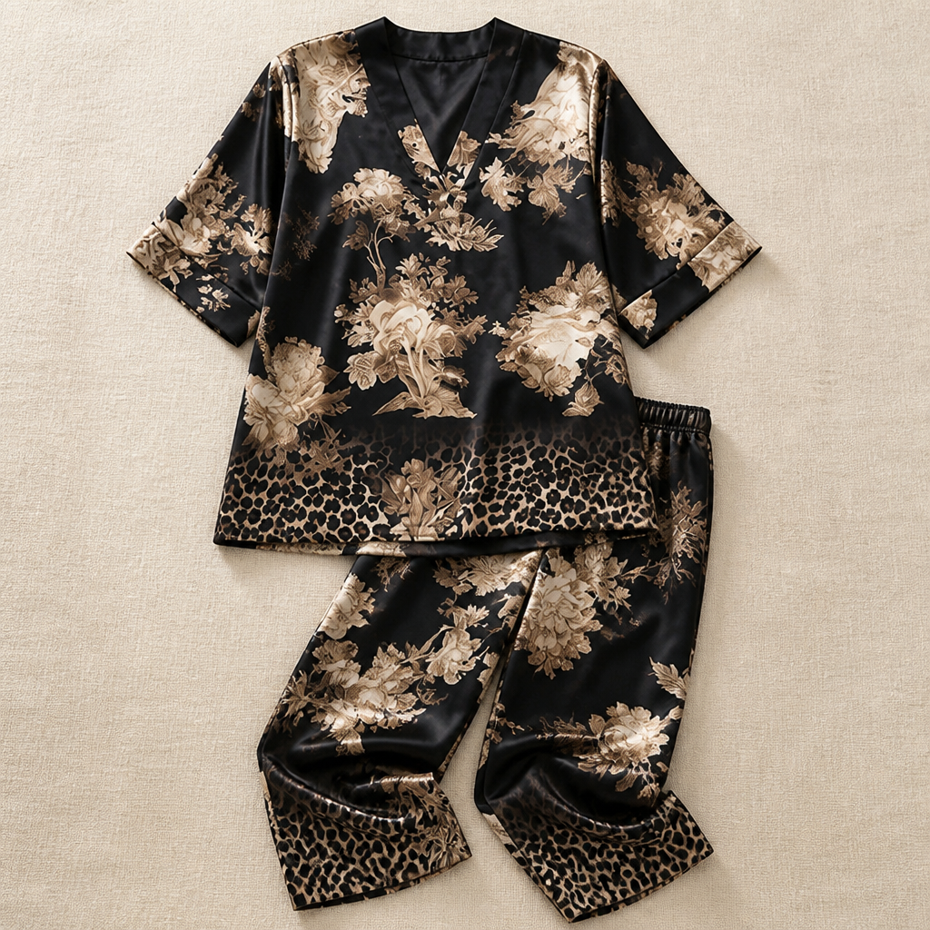 SereniSilk™ – Flowy Satin Floral V-Neck Top & Wide-Leg Pant Set