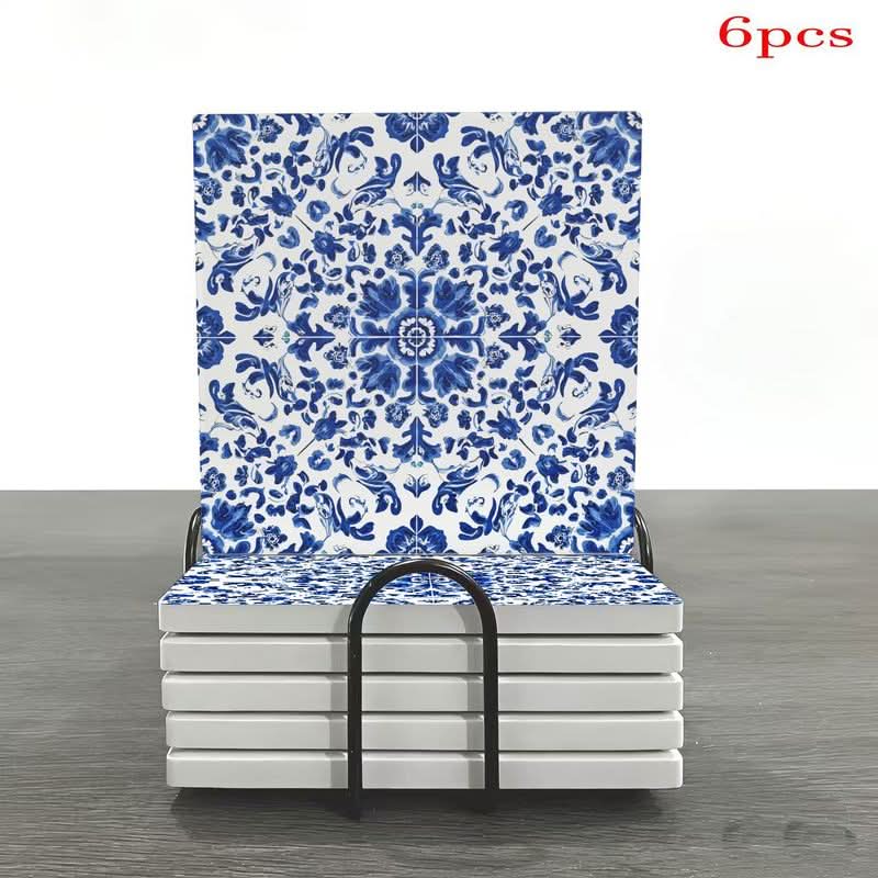Ceramic Tiles with Floral Vine Pattern in Blue and White Colors